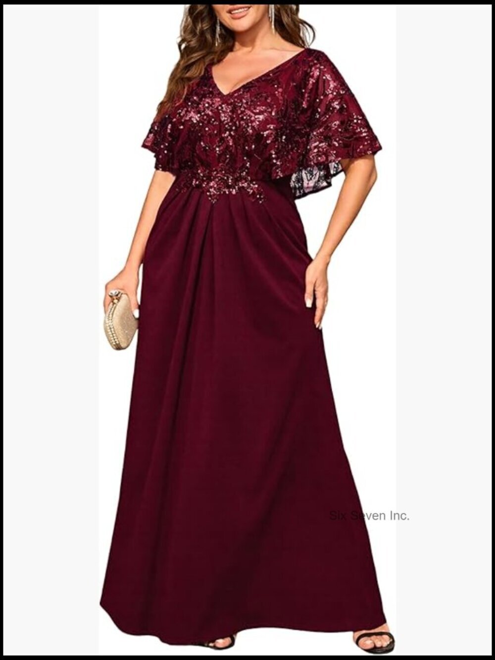 Plus Size Formal Evening Dress V-Neck Cape Sleeve Sequin Maxi